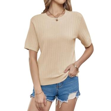 Imagem de Tankaneo Camisetas femininas de malha de manga curta 2024 casual verão gola redonda básica suéter canelado, Bege, M