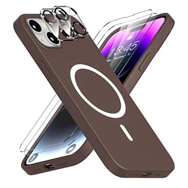 Imagem de jaroco [8 em 1] Capa projetada para iPhone 14 Plus, capa fina de silicone líquido [compatível com MagSafe] [com 2 peças de protetor de tela de vidro + protetor de lente de câmera] capa de telefone à prova de choque - marrom