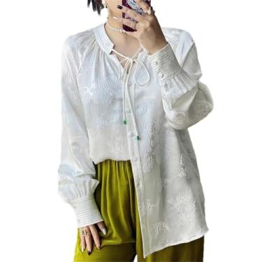 Imagem de Blusas femininas de seda real manga longa preta branca solta blusa floral, Branco, M