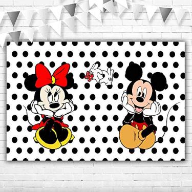 Imagem de Mickey e Minnie Mouse Pano de fundo revelador de gênero 12,5 x 7,5 cm branco bolinhas clássicas Mickey e Minnie Mouse fundo de vinil para decoração de parede de festa