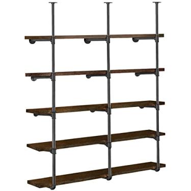 Imagem de HITOMEN 3 peças (177,78 cm de altura 30,48 cm de profundidade) Suportes de prateleira para tubos de ferro industriais preto vintage retrô prateleiras montadas na parede DIY abrir estante rústico para cozinha de fazenda armazenamento (3 peças 5 camadas somente ferragens)