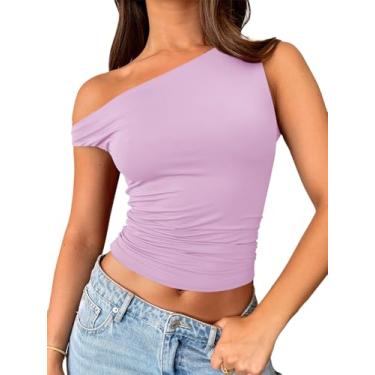 Imagem de Trendy Queen Camisetas femininas com ombros de fora, sem mangas, regatas cropped justas Y2K, roupas de verão 2024, Roxa, GG