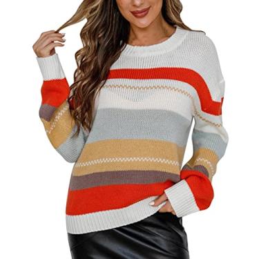 Imagem de Aniywn Suéter feminino 2024 primavera outono manga longa gola redonda listrado color block casual solto suéter pulôver pulôver tops, A3, laranja, G
