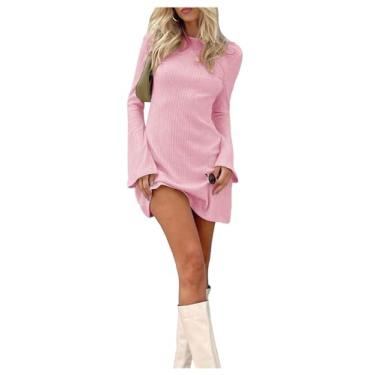 Imagem de COZYEASE Vestido feminino frente única justo flare manga longa laço nas costas gola redonda mini suéter vestido de malha, rosa, G