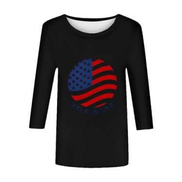 Imagem de Camiseta feminina de manga curta com bandeira de listras estrelas dos EUA 2024 camisetas confortáveis verão plus size manga 3/4 tops para mulheres, Preto, 3G