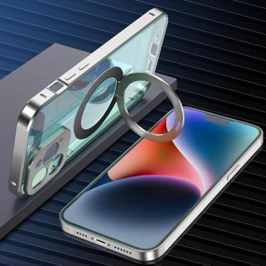 Imagem de YEXIONGYAN Capa de telefone de liga de alumínio de proteção total para iPhone 14 Pro Max/14 Pro/14 Plus/14 Plus/14 capa frontal de vidro temperado antiderrapante PC traseira magnética sem fio (prata1,
