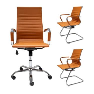 Imagem de Kit Cadeira de Escritório Presidente Ergonômica + 02 Cadeiras de Escritório Base Fixas Stripes Caramelo