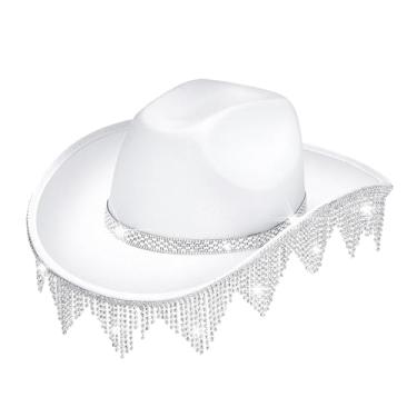 Imagem de rockible Chapéu de cowboy com borlas ocidentais, chapéu de jazz, feminino, masculino, primavera, versátil, proteção solar, chapéu de cowgirl para adereços, branco