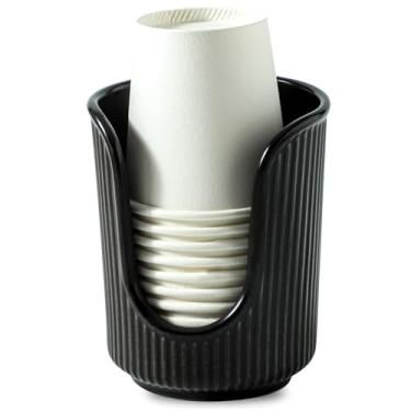 Imagem de Dobbyby Dispensador de copos de cerâmica para banheiro com listras verticais estilosas – Porta-copos descartáveis para enxaguante bucal comporta copos de papel de 85 a 113 g para enxaguar copos em