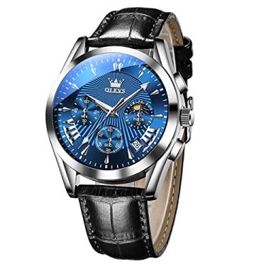 Imagem de OLEVS Relógio masculino casual de couro, cronógrafo de rosto grande para homens, relógio social moderno fácil de ler, relógio analógico masculino à prova d'água, luminoso, data, mostrador dourado