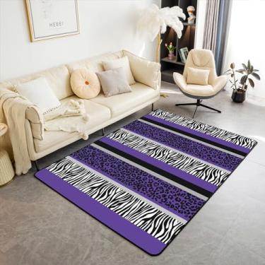 Imagem de Tapete decorativo de leopardo roxo 3x5, roxo preto branco zebra, tapete com listras de zebra, tapete de chão interior safári de pelo animal