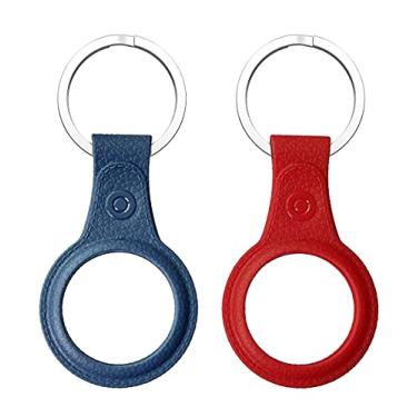 Imagem de SunStory Capa de couro portátil com padrão de TPU com anel de chaveiro projetada para AirTag Capa protetora AirTags Suporte (2 unidades) Capa para Apple AirTag Tracker (2021) (Azul + Vermelho)