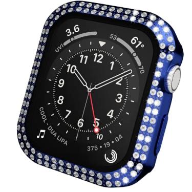 Imagem de Capas Crystal Diamond Bling compatíveis com Apple Watch séries 3 2 1 38 mm acessórios strass rígido PC protetor de tela de vidro temperado capa protetora ultrafina para iWatch mulheres e homens, azul