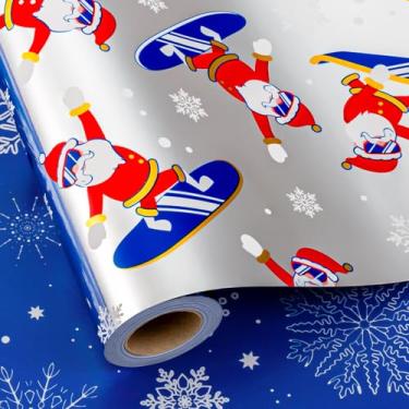 Imagem de MAYPLUSS Rolo de papel de embrulho reversível de Natal - 43 cm x 80 cm - papel de embrulho de presente de inverno com estampa de Papai Noel atlético para patinação de Papai Noel para Natal, férias,