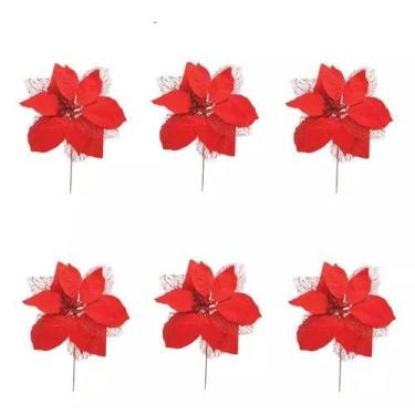 Imagem de Kit 6 Flor Bico De Papagaio Vermelho Luxo Natal 20cm Veludo - Multiart