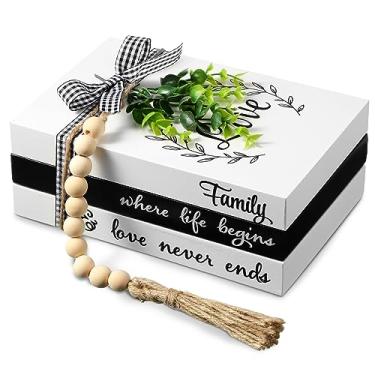 Imagem de Capoda 3 livros decorativos para decoração de casa, casa de fazenda, livros falsos empilhados, decoração de mesa rústica de madeira com guirlanda de contas, fita de barbante folha falsa para mesa
