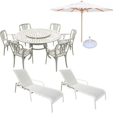 Imagem de Conjunto De Jardim Mesa Giratória 6 Cadeiras, Ombrelone E Espreguiçadeira Piscina Branco