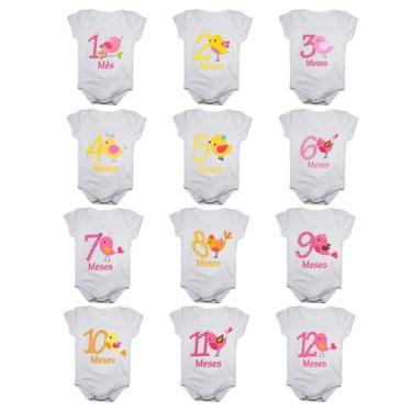 Imagem de Kit body mesversario passarinhos 12 bodies de bebê - Calupa, Branco, Ú
