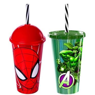 Imagem de Kit Copos do Homem Aranha e Hulk Infantil Copo Shake com Canudo e Tamp