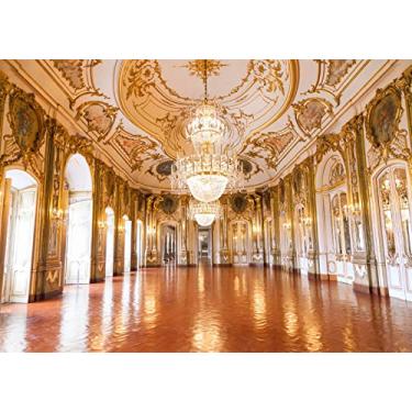 Imagem de BELECO Pano de fundo luxuoso de tecido de 3 x 2,4 m para fotografia Golden Palace Hall lustre de salão de baile portas em arco hotel nobre fundo de versalhes aniversário casamento sessão de fotos estúdio adereços de fotos
