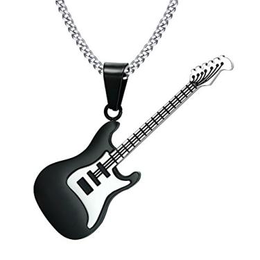 Imagem de Rockyu Colar de guitarra para homens, meninos, banhado a prata, corrente de aço inoxidável, 61 cm, pingente de guitarra elétrica, joia esmaltada, presente para amigos amantes da música, Aço inoxidável