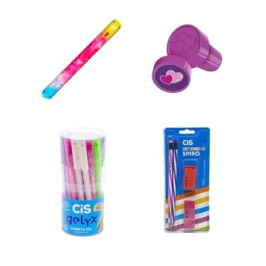 Imagem de Kit Material Escolar Aluno Colorido Caneta Gel Carimbo Régua Lápis Borracha Apontador Estudos