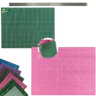 Imagem de Base Placa de Corte 60x45 Dupla Face Autorregenerativa Multiuso Regua Metal 60cm Costura Artesanato Patchwork Scrapbook (Rosa e Verde)