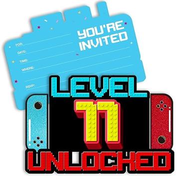 Imagem de pertnate Convites de aniversário de 11 anos de videogame convites para meninos de 11 anos em forma de festa de aniversário com envelopes, conjunto de 20