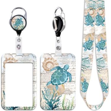 Imagem de Porta-crachá de identificação de tartaruga marinha e carretel retrátil para crachá - Cordão de chaveiro fofo para mulheres, homens e crianças - Suporte de identificação de carretel de concha legal