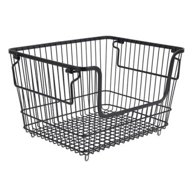 Imagem de Cesta do Congelador, Escaninho Preto do Organizador do Congelador do Com Punhos Cesta Empilhável do Armazenamento do Fio do Metal para a Cozinha de Casa