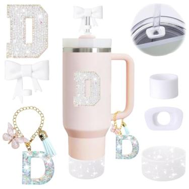 Imagem de Conjunto de 6 peças de acessórios de copo Stanley branco adequado para Stanley Cup 850 g 1,134 g, incluindo pingente de alça, adesivo inicial personalizado, topo de palha, bota de silicone brilhante,