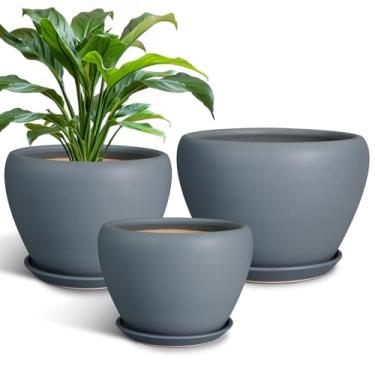 Imagem de EPFamily Vasos de cerâmica – Vasos grandes para plantas de interior, vasos de 25 cm, 20 cm, 15 cm, com orifícios de drenagem e pires, vasos de flores redondos canelados, conjunto de 3 cinza