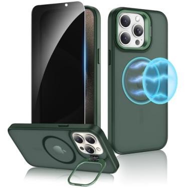 Imagem de Ruky Capa para iPhone 15 Pro Max com protetor de tela de privacidade, suporte de câmera de metal embutido, [compatível com MagSafe], capa magnética fosca translúcida para iPhone 15 Pro Max de 6,7