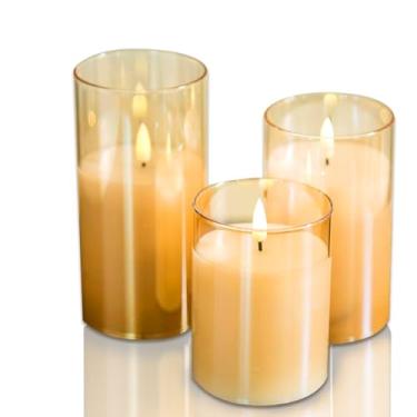 Imagem de CANDLE CHOICE Velas de pilar sem chamas operadas por pilha de cera real com temporizador automático, revestimento de vidro dourado, luzes de LED elétricas cintilantes realistas para decoração de