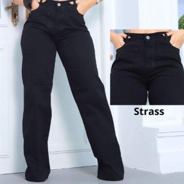 Imagem de Calça wide Preta com strass/brilho aplicação Cintura alta tendência fa