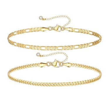 Imagem de KissYan Tornozeleiras femininas em camadas douradas, delicadas, banhadas a ouro 14 k, conjunto ajustável, moda cubana, elos cubanos, corrente de tênis, tornozelos de verão, praia, joia de pé, 8.5 inch