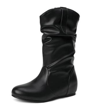 Imagem de AngryMonkey Botas femininas de cano médio, cano médio, cano baixo, dobras, de couro sintético, para inverno, sem cadarço, cano alto, plus size, Preto, 40