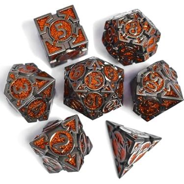 Imagem de RULE DICE DND Metal Dice Set, Dungeons and Dragons D&D Dice Set, 7 die Metal DND Polyhedral Orange Dice Sets with Gift Metal, MTG PRG D and D Dice Box for Role Playing Multiplayer Games
