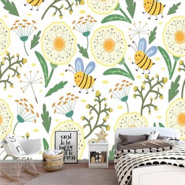 Imagem de Lcythiazole Papel de parede mural de abelha papel de parede de desenho animado flor planta papel de parede boho mural para sala de estar quarto quarto meninas tamanho personalizável descascar e colar