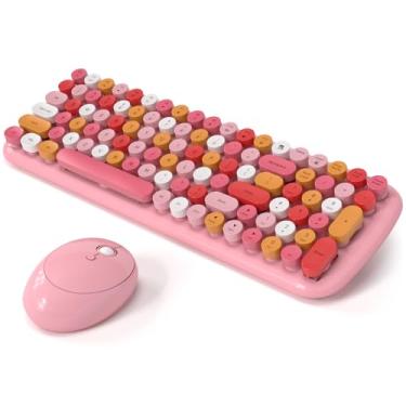 Imagem de Combo de teclado e mouse sem fio, MOWUX – layout compacto moderno, mouse doce compacto colorido e conjunto de teclado redondo retrô com capa, para PC/laptop/Windows/Mac - rosa colorido