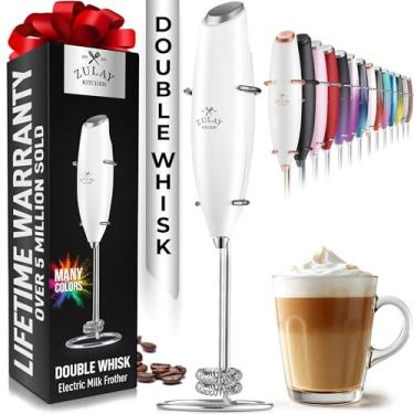 Imagem de Zulay Kitchen Poderoso Batedor Duplo De Leite Portátil - Fabricante De Espuma Com Suporte - Misturador De Bebidas Para Café, Mini Espumador Para Latte, Matcha, Frappe, Chocolate Quente E Cappuccino