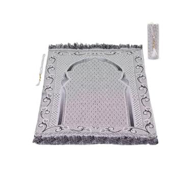 Imagem de Tapete de oração muçulmano e contas de oração com caixa de presente elegante | Tapete de oração islâmica e rosário (cinza)