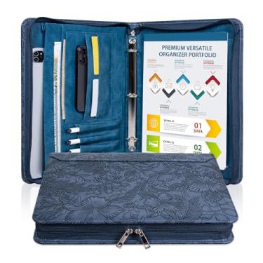Imagem de Portfólio feminino de couro vegano em relevo azul escuro, fichário com 3 anéis com zíper, fichário planejador A4 com bolso para laptop, tamanho ofício, organizador de pastas de trabalho para mulheres
