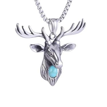 Imagem de Colar masculino e feminino gótico punk hip hop rock viking horda natal veado animal com turquesa, aço inoxidável 316L, corrente de pérola quadrada de aço inoxidável prata, joia retrô, Standard, Aço
