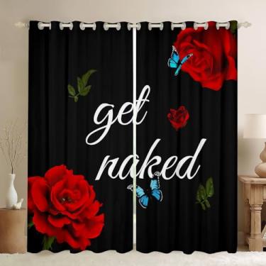 Imagem de Cortina de janela Get Naked, cortinas de borboleta de flor de rosa vermelha para decoração de quarto de adolescentes, meninas, mulheres, citações engraçadas, para o dia dos namorados, cortinas