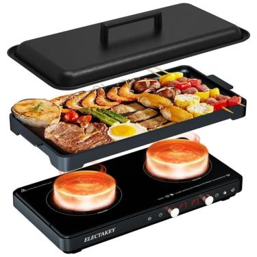 Imagem de Cooktop de Indução Elétrico com 2 Queimadores, Frigideira Removível Antiaderente e Controle de Temperatura Independente, 110V 1800W,