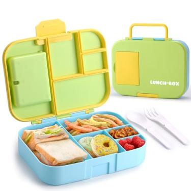 Imagem de Sunhanny Caixa Bento para crianças, lancheira fofa para meninas e meninos, lancheira escolar infantil para creche com 5 compartimentos, lancheira infantil com utensílios e copo de molho, verde e azul