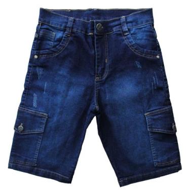 Imagem de Bermuda Jeans Lycra Cargo Masculina Trabalhada c/ 6 bolsos - Chega Mai