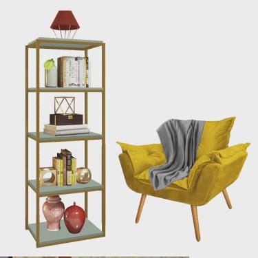 Imagem de Kit Poltrona Fatte com Manta Soft Cinza e Estante Livreiro Ferro Dourado mdf Verde Oliva Suede Amarelo - Ahazzo Móveis