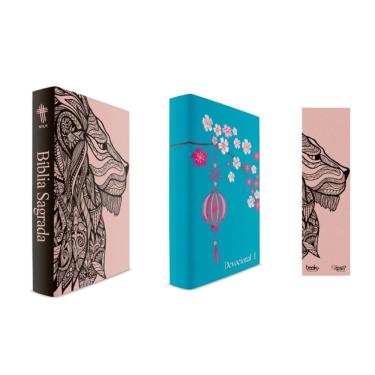 Imagem de Kit Leão Rosa - Bíblia Capa Dura ntlh + Devocional I Capa Azul Claro + Marca Página